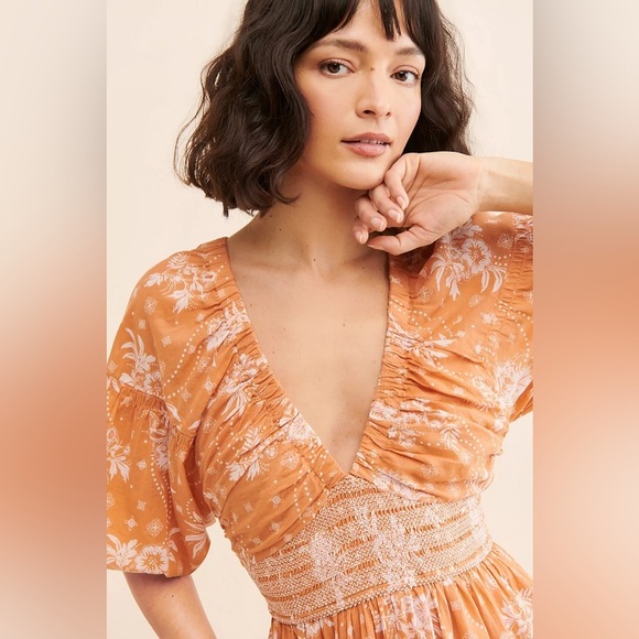 🔆 Free People Orange Maxi Dress with Bishop Sleeves, Size Small - Picture 3 of 6